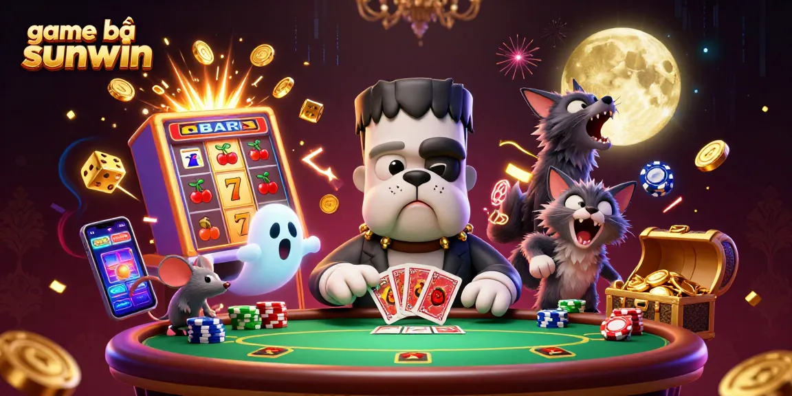 Engage with game bài sunwin through a lively 3D illustration featuring a bulldog dealer and exciting casino elements.