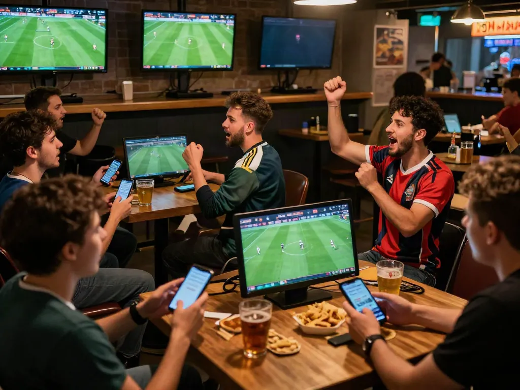 Excited sports fans at a betting event engaging through https://fabet.com.mx/ while watching a live match.