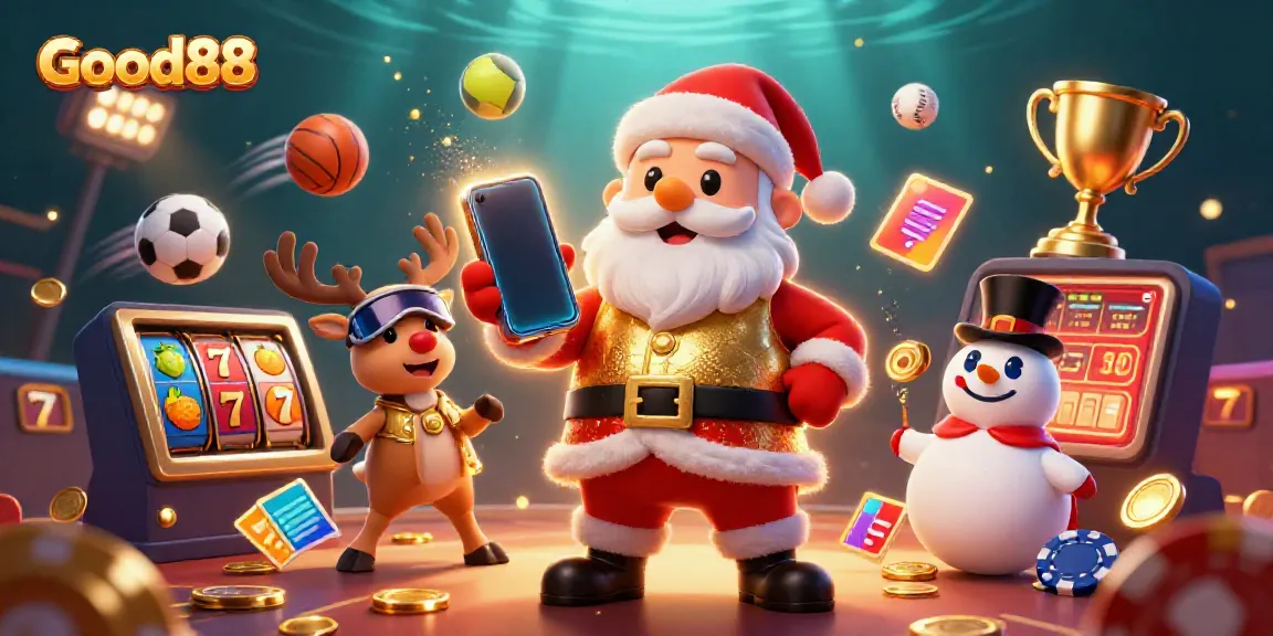Engage in winning slots with Good88's festive characters in a lively casino scene.