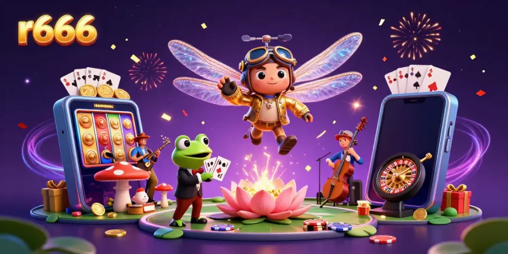 Experience the excitement of r666 with a lively casino scene featuring a dragonfly pilot, frog dealer, and jazz musicians.
