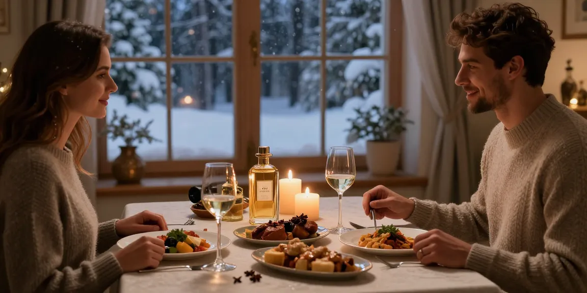 Ontdek de luxe van Lattafa Khamrah in een gezellige wintersetting met elegante tafelarrangementen en sfeervolle kaarsen.