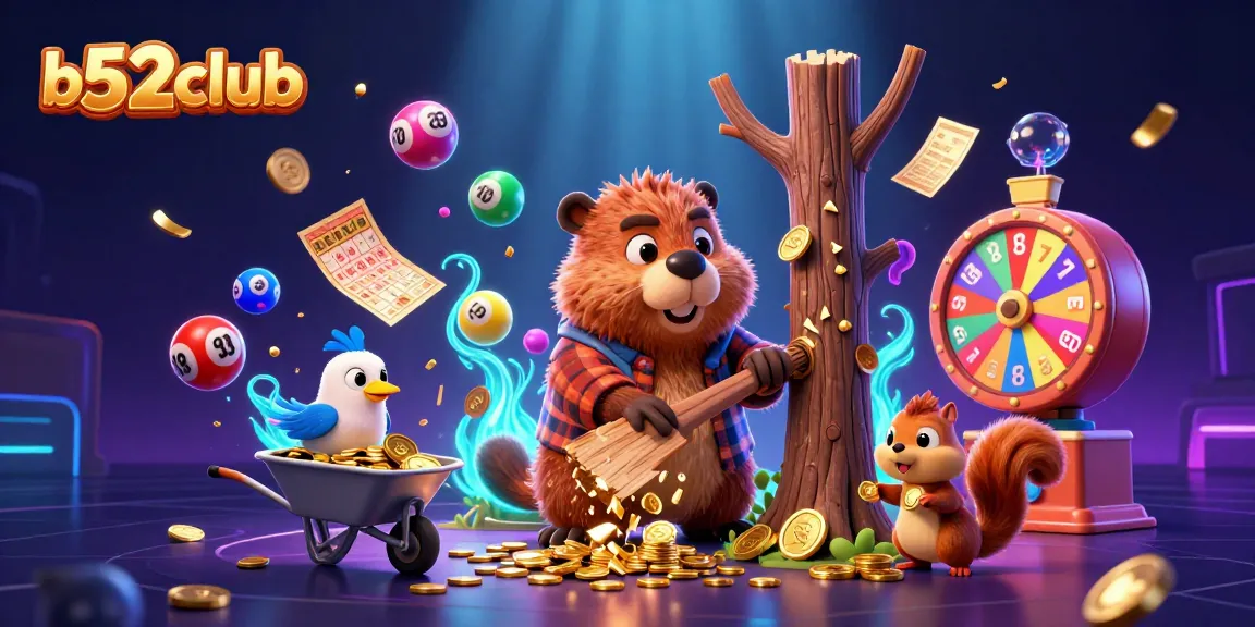 Experience excitement with b52club as characters collect golden coins amid dynamic games and colorful lottery elements.