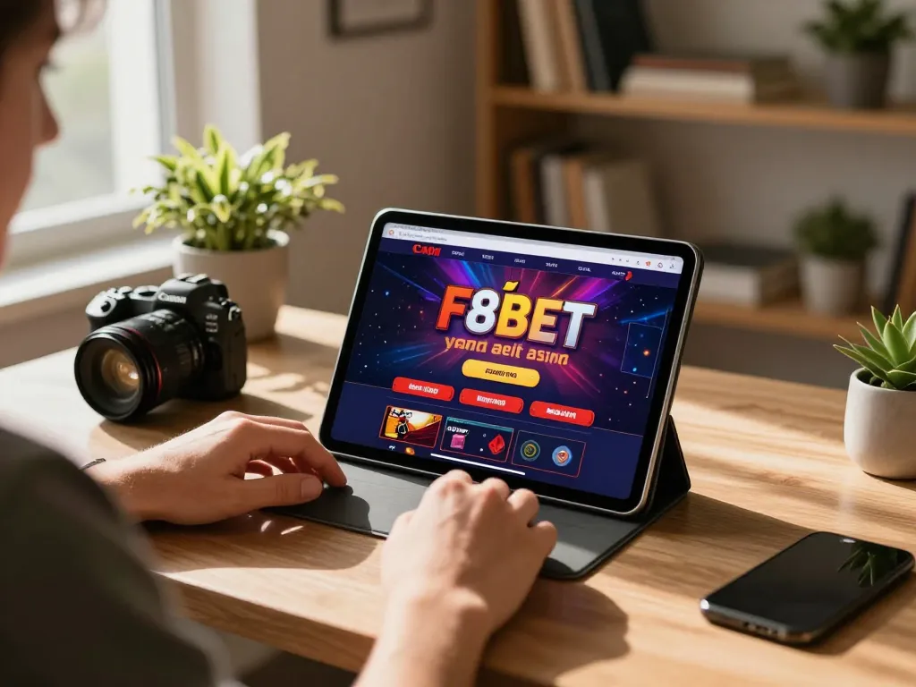 Player engaging in online gaming at F8bét casino using a tablet on a stylish desk