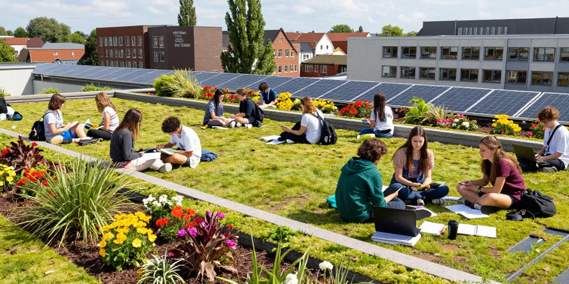 Studenten die studeren op het sedumdak van het Amsterdams Lyceum, ter bevordering van duurzaamheid en onderwijs.