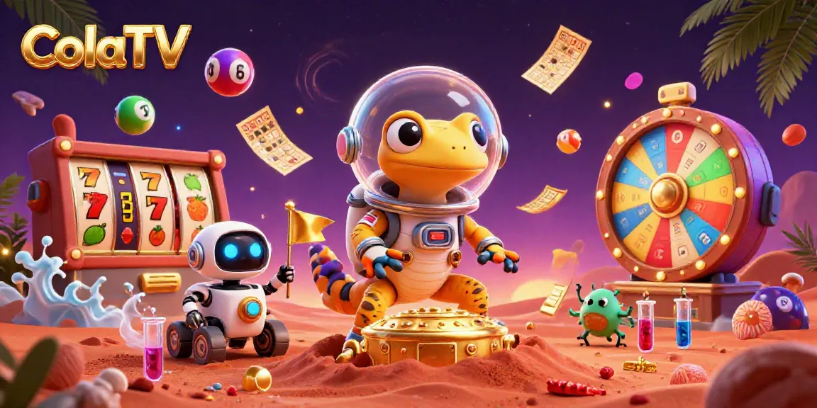 Engage with ColaTV in a vibrant 3D casino scene featuring a Martian gecko and thrilling gambling elements.