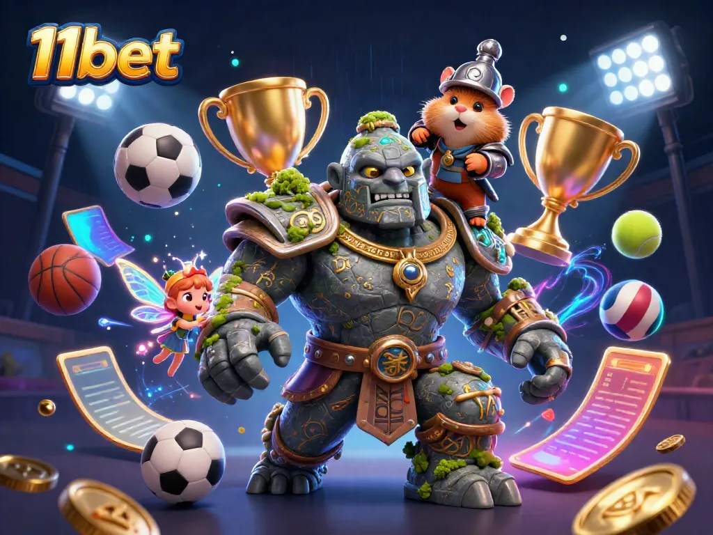 Experience excitement with 11bet as a stone golem guardian and a hamster knight depict magic in a dynamic sports scene.