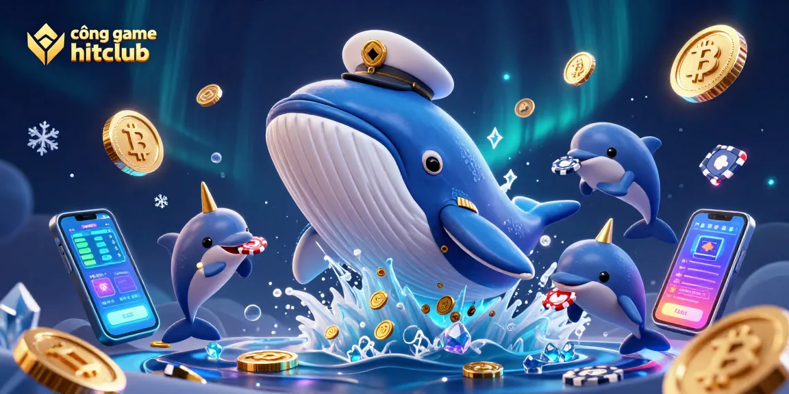 Experience excitement with cổng game hitclub, featuring a surreal underwater scene of a whale, narwhal, and playful dolphins.