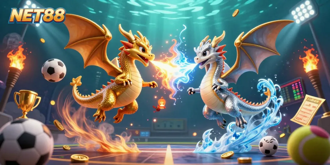 Engage with NET88's dynamic sports betting scene featuring golden and silver dragons amidst thrilling sports elements.