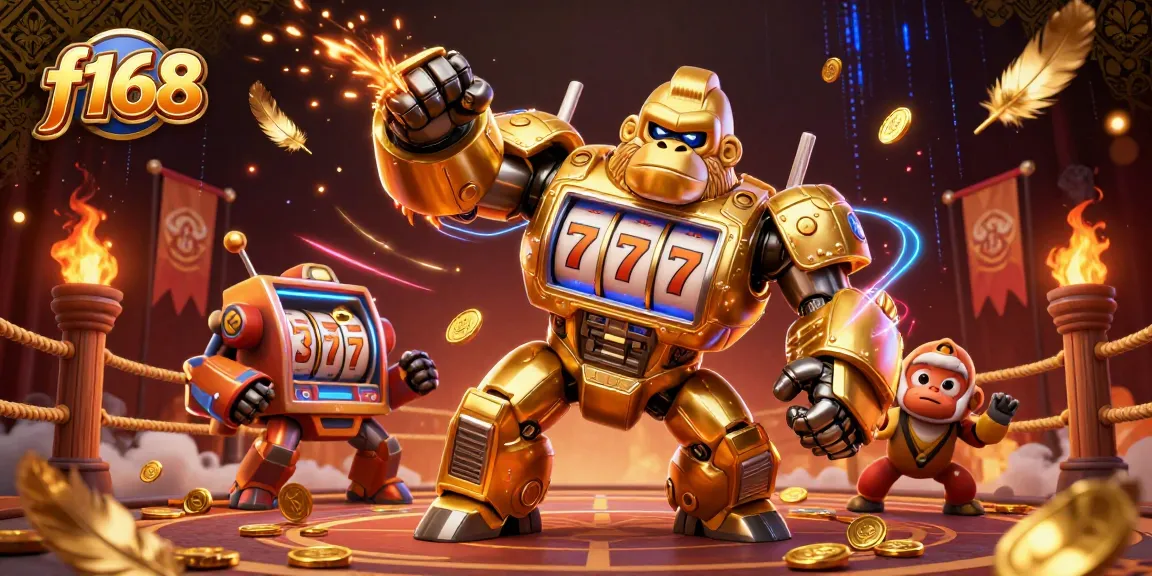 Experience thrilling wins with f168 in this dynamic 3D scene featuring slot game excitement.
