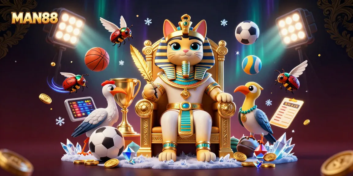 Immerse in MAN88's thrilling atmosphere with majestic Egyptian pharaoh cat amid vibrant sports betting elements.