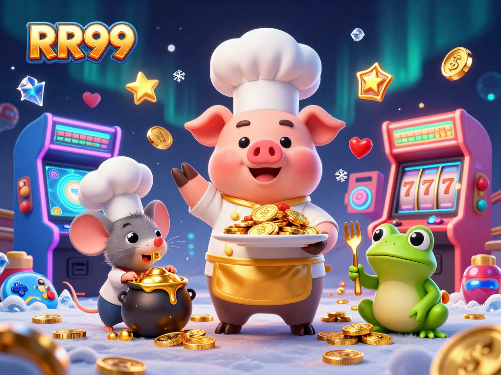Experience RR99 with a chef pig serving gold coins, arcade machines, and dynamic casino elements.