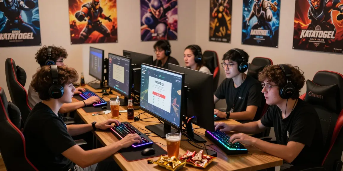 Aktivitas bermain KATATOGEL dengan teman-teman, komputer, dan suasana gaming yang meriah.