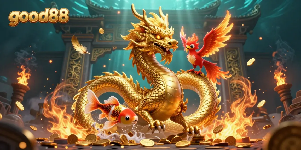 Experience the thrill of good88 casino with the majestic dragon, phoenix, and koi fish in a vibrant 3D illustration.