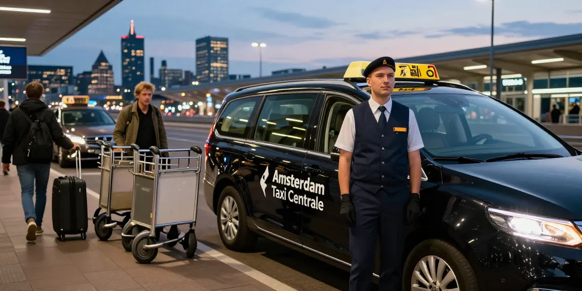 Betrouwbare taxi centrale amsterdam service op de luchthaven met professionele chauffeur en verlichte stadsachtergrond.