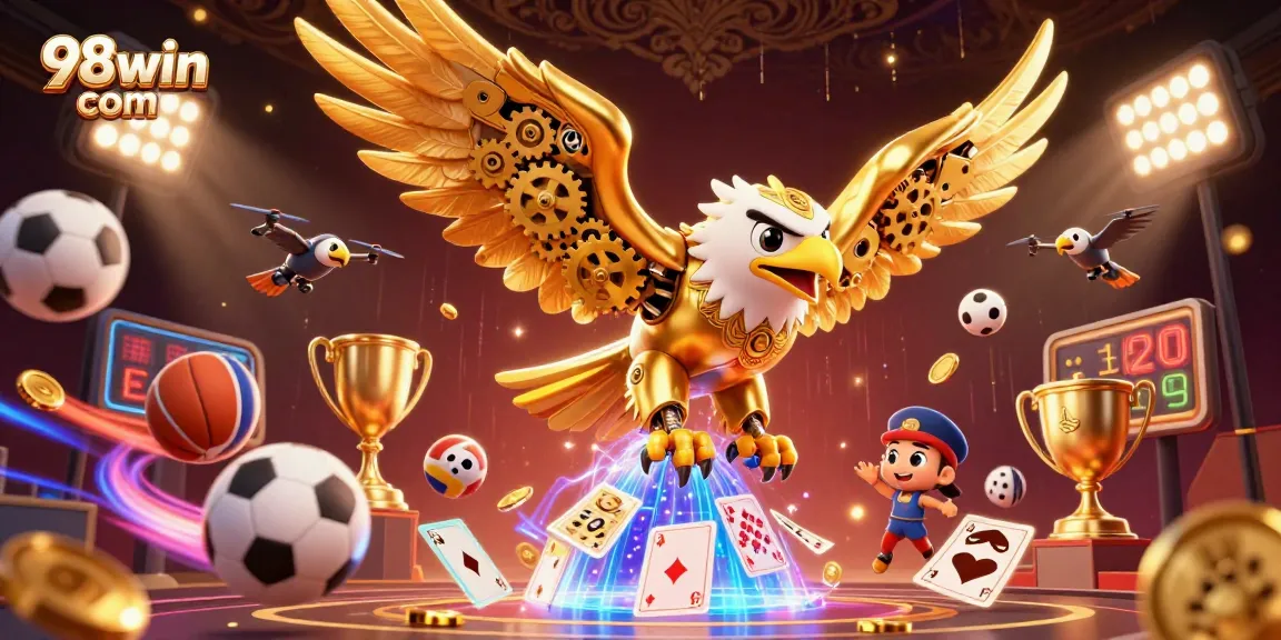 Play casino games with excitement at 98win com, featuring a golden eagle diving through holographic cards.