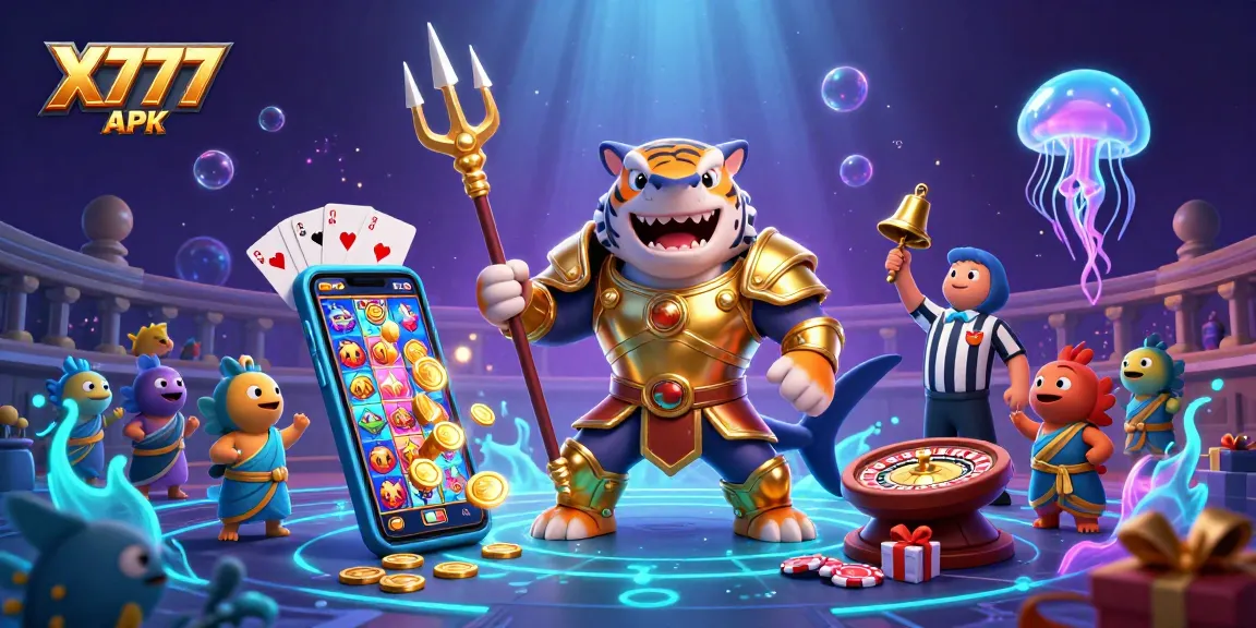 X777 APK offers thrilling underwater casino battles with an armored shark, vibrant slot games, and a jellyfish referee.