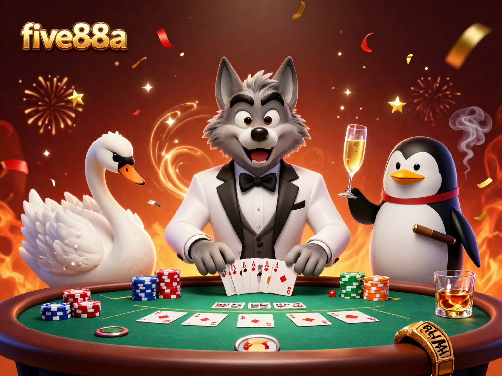 Experience the excitement of five88a with a debonair wolf and elegant companions at a dynamic baccarat table.