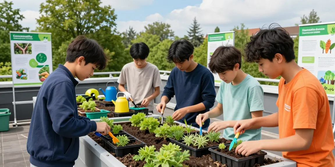 Studenten van Amsterdams Lyceum planten sedum op een groen dak, ter bevordering van duurzaamheid.