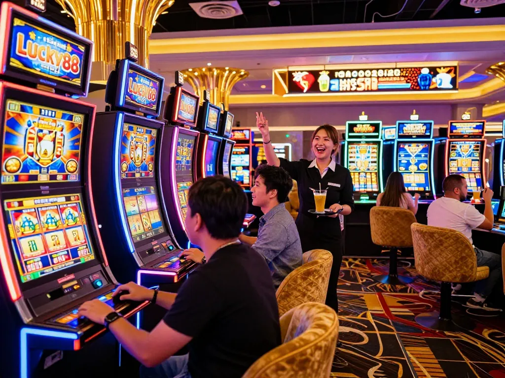 Players enjoying the Lucky88 slot machine in a dazzling casino atmosphere full of excitement.
