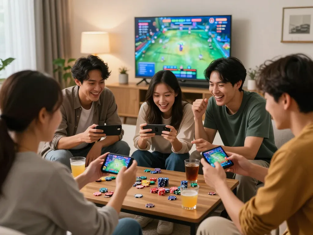 Friends enjoying the app tài xỉu online uy tín in a cozy atmosphere with gaming chips and drinks.