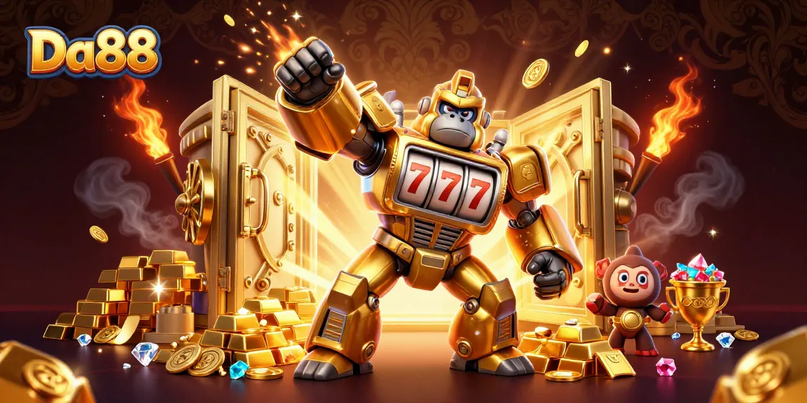 Experience thrilling gameplay with Da88, featuring a vibrant golden gorilla mech and spinning slot reels in a luxurious casino setting.