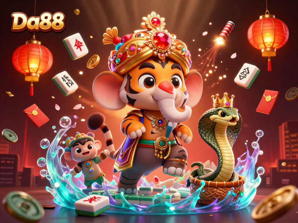 Experience Da88 with a vibrant and dynamic 3D casino scene featuring colorful game elements and characters.