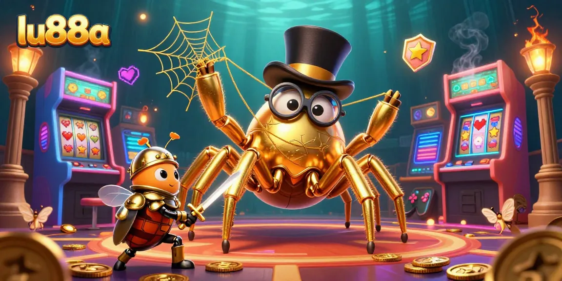 Experience thrilling adventures at lu88a with a golden tarantula and a beetle knight amidst casino excitement.