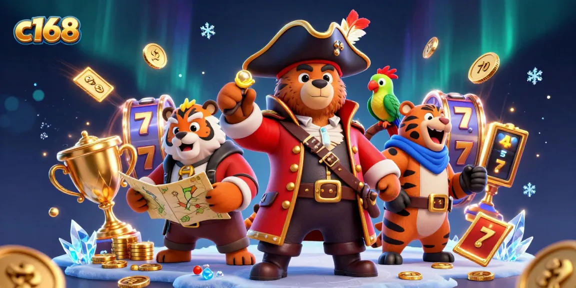 C168 casino scene with a cartoon pirate captain bear and tiger winning slots, embodying exciting gaming action.
