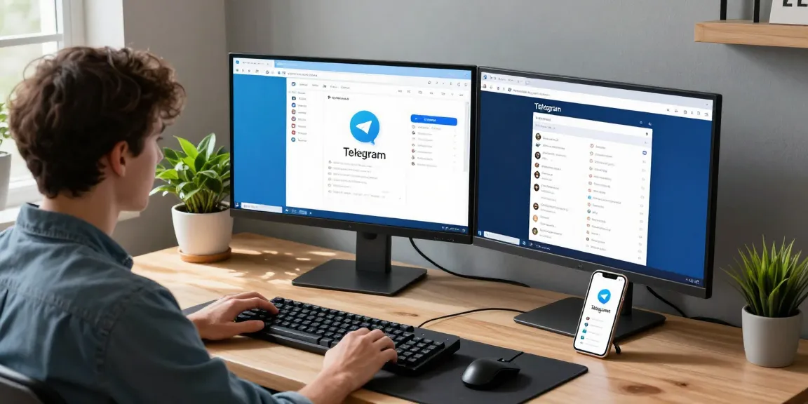 Engaging with Telegram Web Version on a modern desk setup featuring monitors and tech accessories.