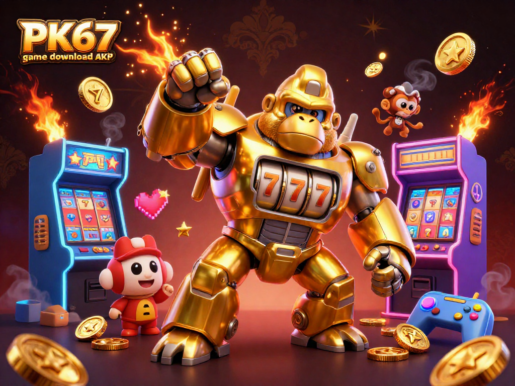 Engage in thrilling gameplay with PK67 game download APK, featuring a golden gorilla mech and slot machine elements.