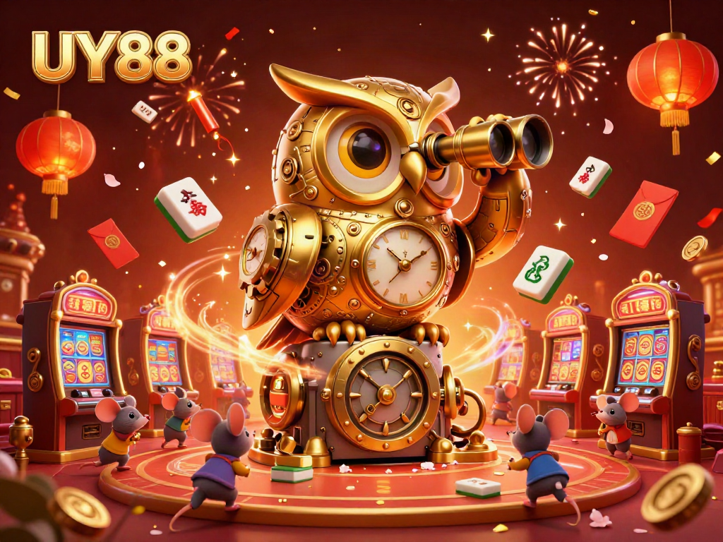 Experience thrilling gameplay at UY88 with a dynamic casino scene featuring a golden owl and exciting game elements.