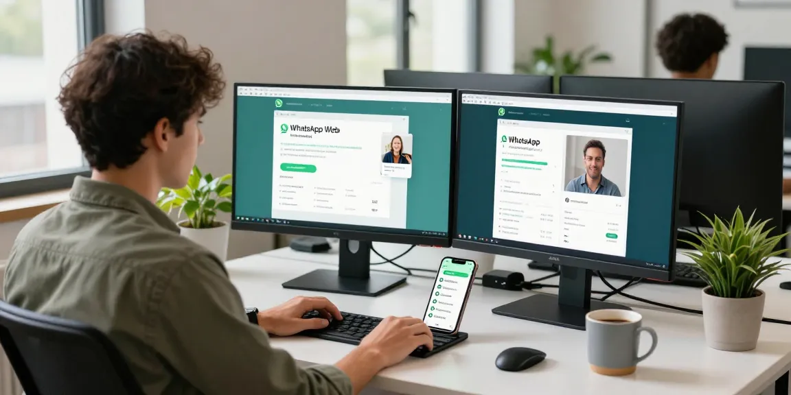 Professional using WhatsApp網頁版 in a modern office workspace.