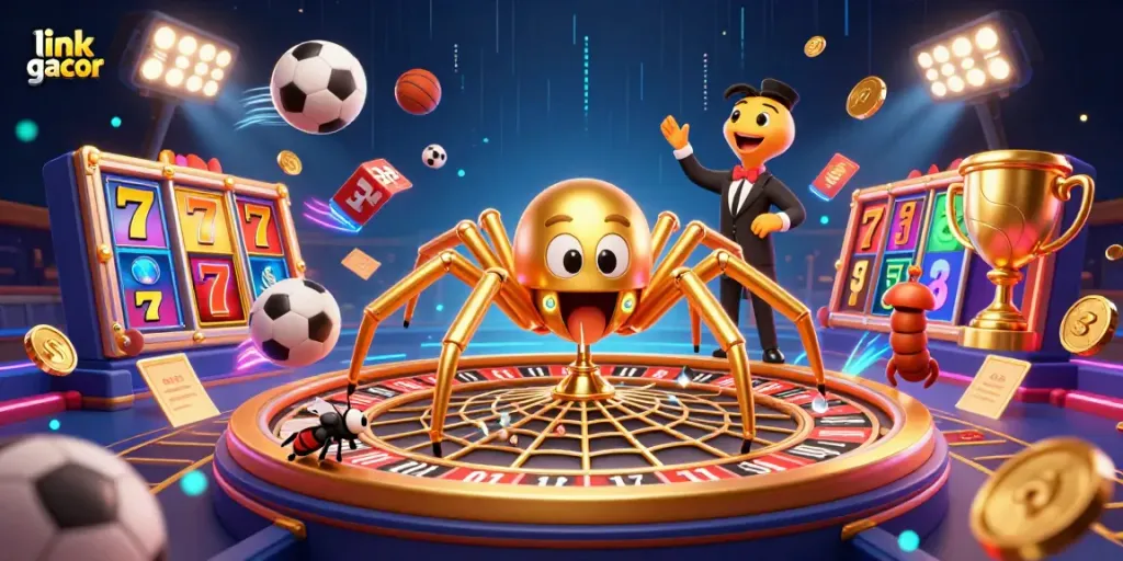 Engage with exciting moments at link gacor, where a golden spider spins fortune at the roulette wheel amid a vibrant casino scene.