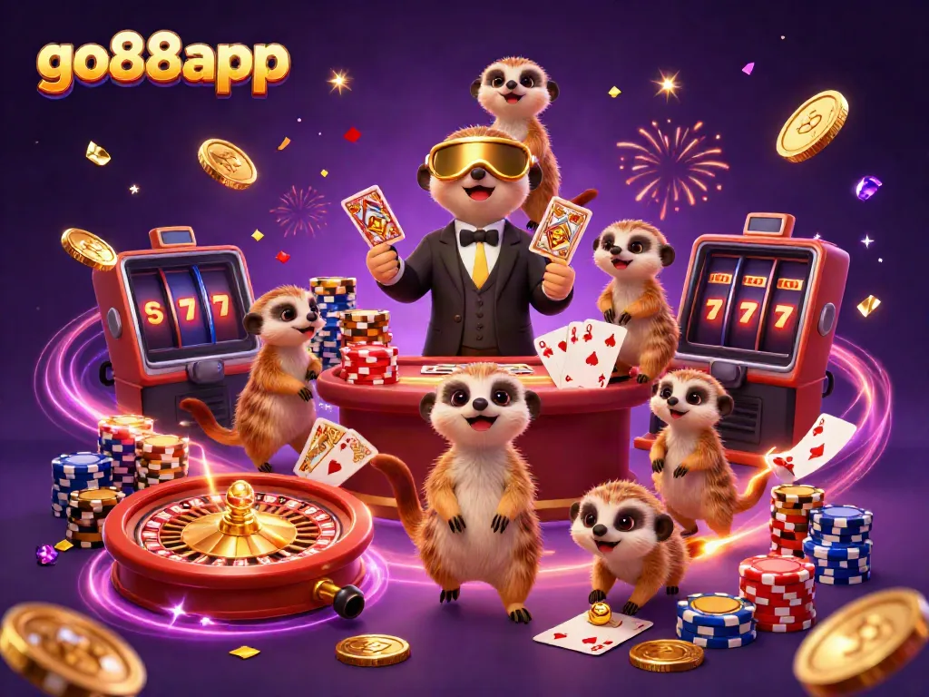 Experience gaming excitement with go88app featuring animated meerkats in a vibrant casino scene.