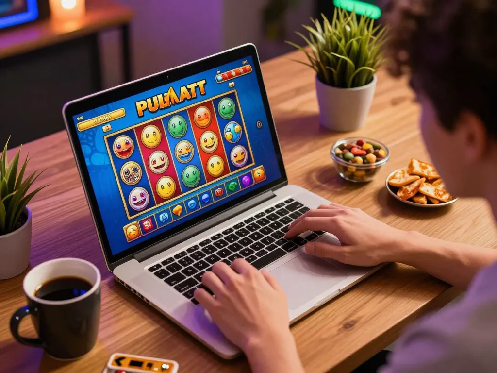 Engaging user placing bets on slot pulsa game interface on a laptop, showcasing responsible gaming.