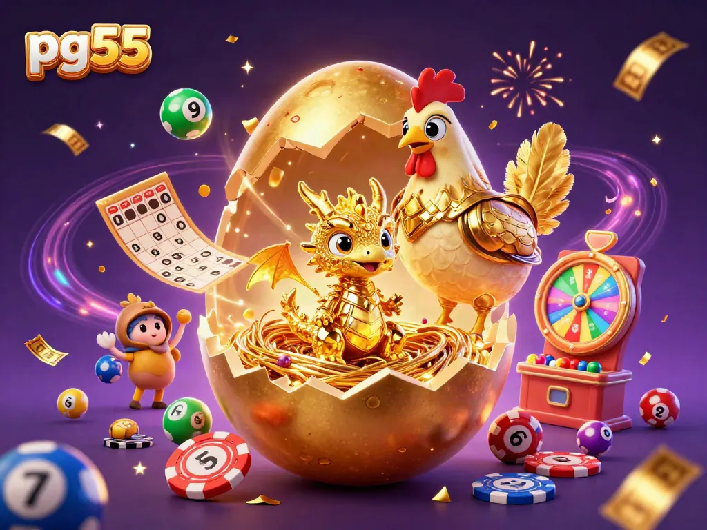 Experience the thrill of pg55 as a golden egg reveals a dragon amid a lively casino backdrop.