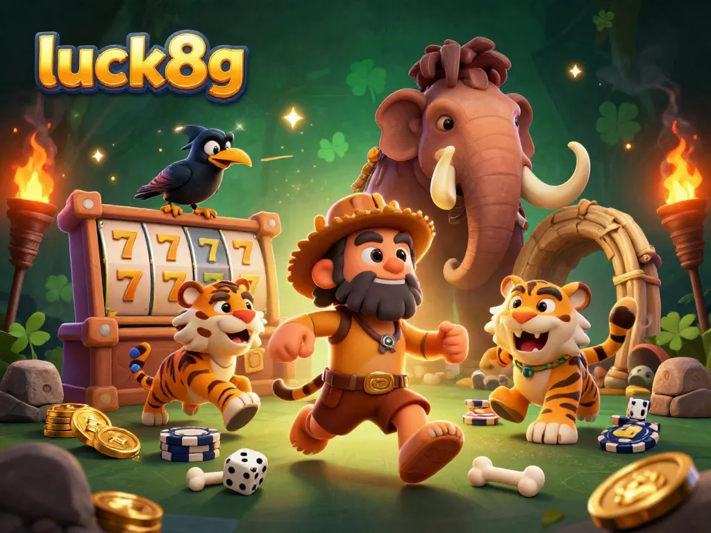 Experience the excitement of luck8g with a thrilling 3D casino scene featuring dynamic slot elements and cartoon characters.