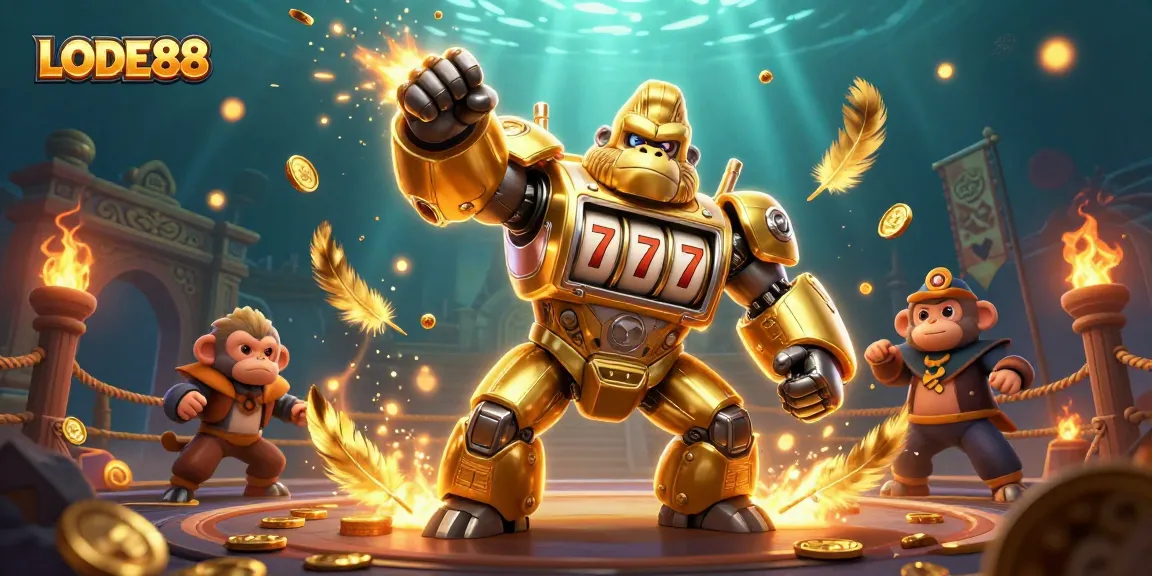 Experience thrilling gaming action with LODE88's golden gorilla mech in a vibrant casino scene.
