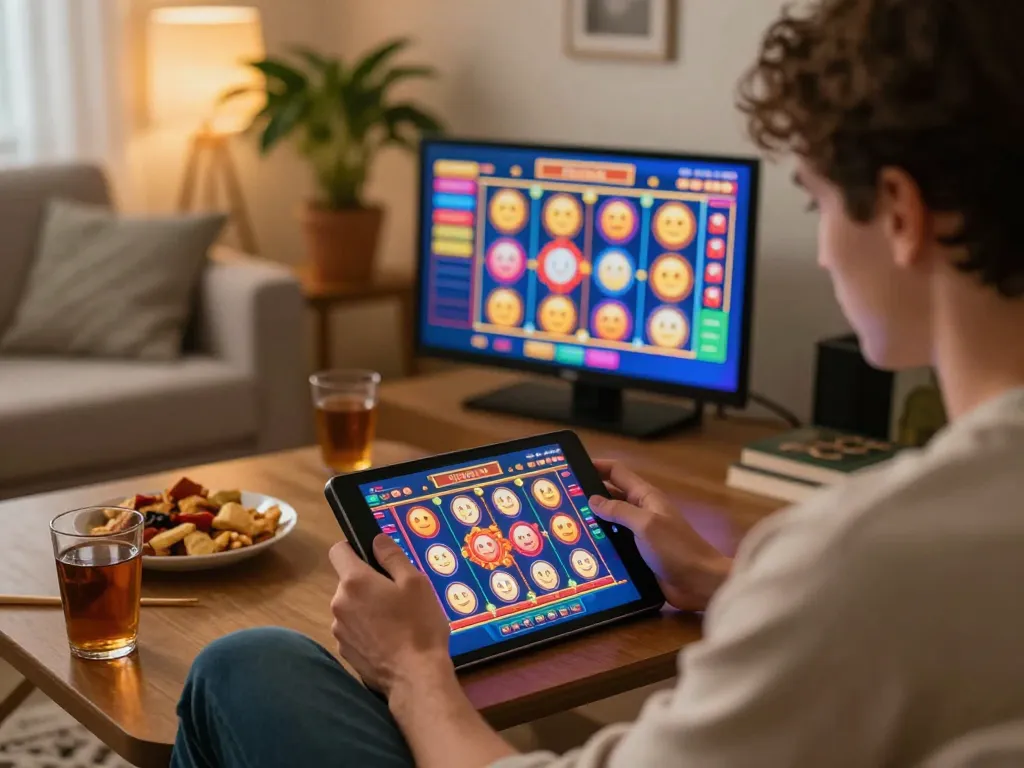 Engaging scene featuring player focused on exciting online slot game at home, showcasing Link nhà cái Say88 and strategic enjoyment.