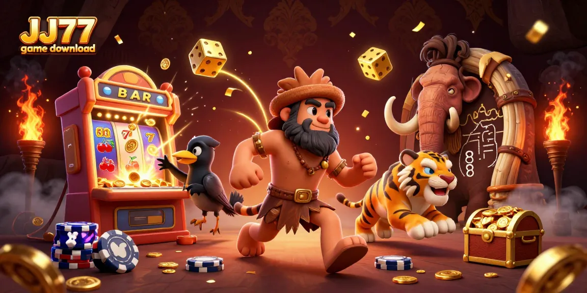 Experience the thrill of JJ77 game download with this vibrant casino scene featuring caveman and sabertooth tiger.