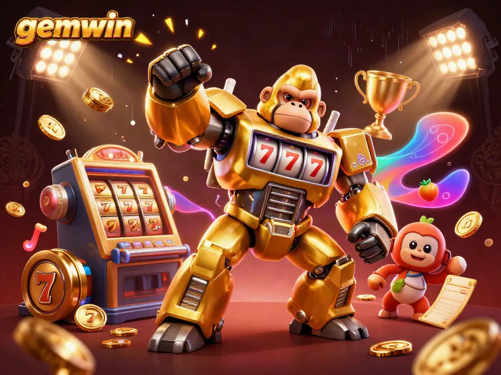 Experience thrilling gameplay with gemwin's golden gorilla mech amidst spinning slot reels and dynamic casino elements.