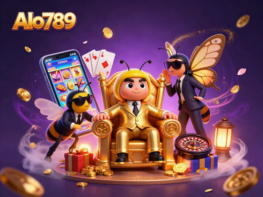 Alo789 players engage with a vibrant 3D casino scene featuring a bumblebee mob boss and exciting gaming elements.