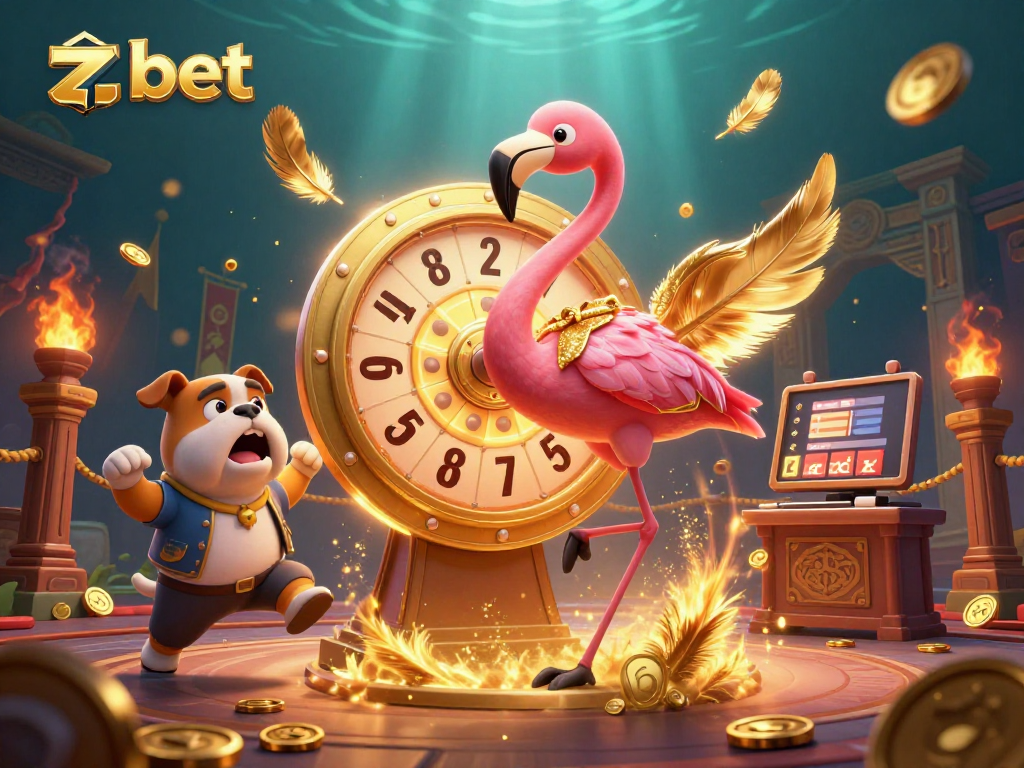 Engage with Zbet in a vibrant casino scene with a game show host, bulldog, and scoreboard cat.