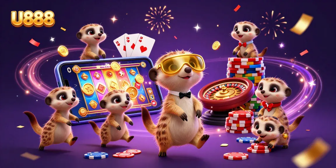 U888 meerkats manage a vibrant casino scene with colorful slot game action.