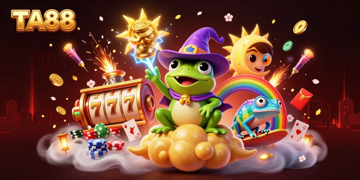 Engage in vibrant slots action at TA88 with a wizard frog and chameleon amidst golden coins!