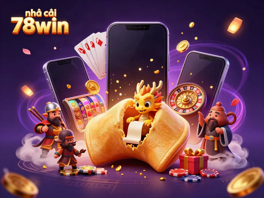 Engage with the dynamic gaming experience at nhà cái 78win featuring a golden fortune cookie, a wise dragon, and thrilling casino elements