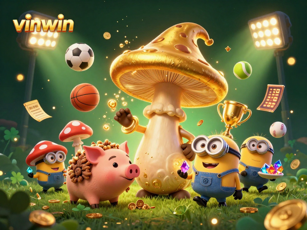 Experience vinwin's vibrant golden wizard surrounded by dynamic sports elements and treasures in a fantasy-filled scene.