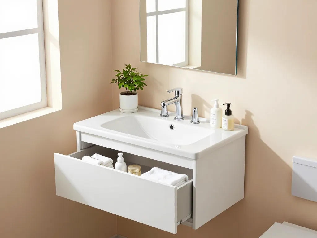 Compacte badkamer met een badmeubel 50 cm breed met georganiseerde lades en een stijlvolle wastafel.