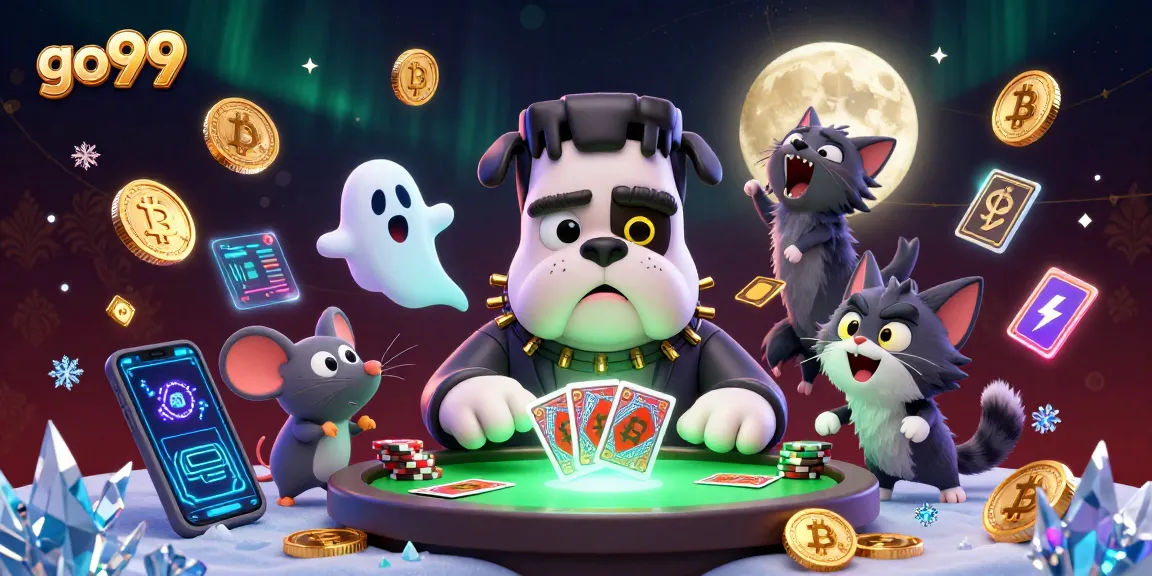 Engage with go99's captivating gaming universe, featuring a Frankenstein bulldog dealer and crypto elements.