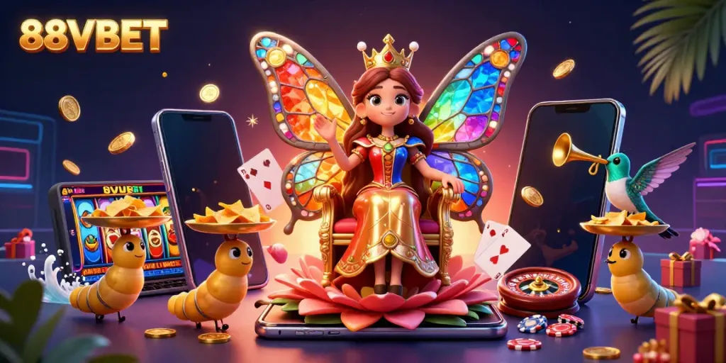 Experience thrilling gambling action with 88VBET in this vibrant 3D illustration featuring a butterfly queen and casino elements.
